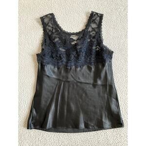 Vintage Cine Star Tank Top Small Satin Lace Round Neck Black Slip Cami Goth Y2K